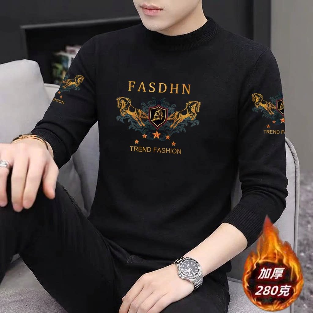 德绒中领秋衣男士秋冬潮流印花半高领保暖衣服休闲百搭打底t恤男