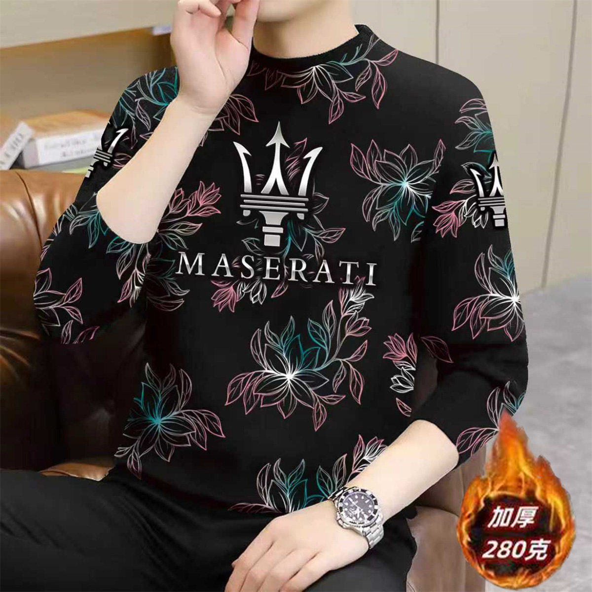 德绒保暖打底衫男士秋冬新款潮流印花半高领长袖t恤休闲百搭上衣