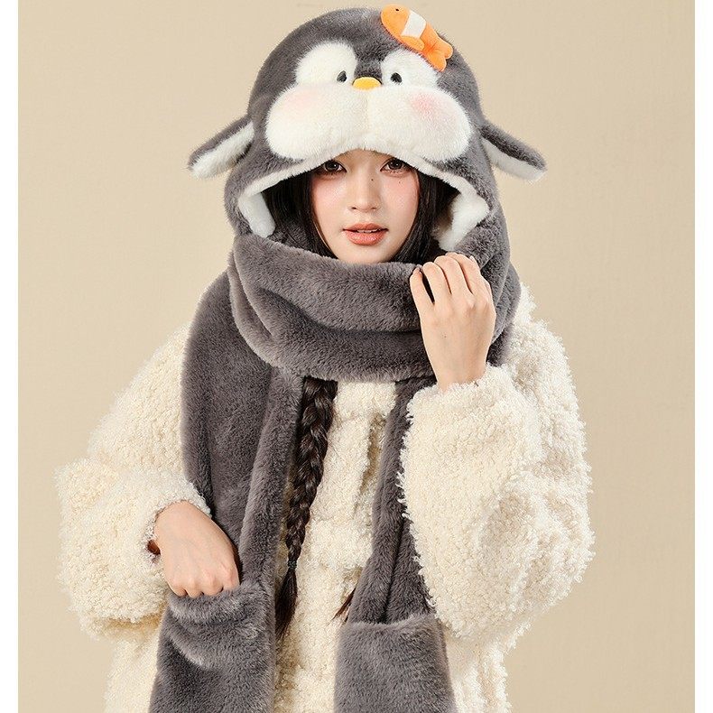 爱尚优企鹅帽帽子围巾三件套手套三合一毛绒保暖春节多件套现