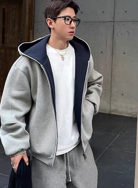 STA国潮美式重磅双拉链短款连帽开衫卫衣外套男女宽松上衣秋冬潮