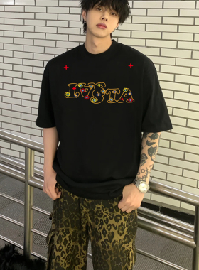 STA国潮美式复古彩色花卉短袖T恤男女夏季宽松重磅280g情侣上衣潮