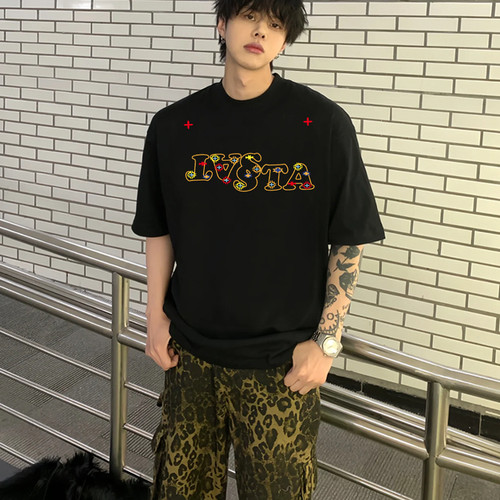 STA国潮复古彩色花卉短袖T恤男女