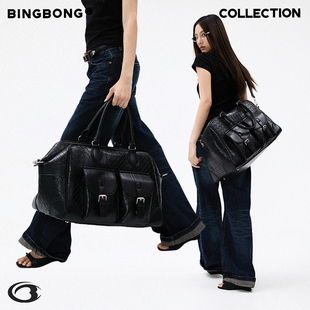 BINGBONG 十字编织纹复古简约手提短途旅行包大容量斜挎 野火旅行