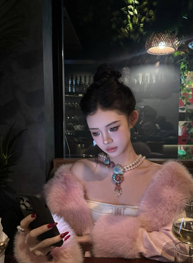 华丽千金风中古镶钻创意满钻双层贝壳人造珍珠轻奢饰品女项链锁骨