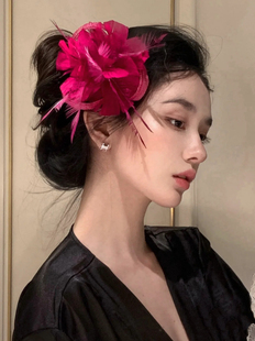 鸾尾花玫紫色羽毛大花朵发夹夸张头饰氛围感超冷气质高级感头花女
