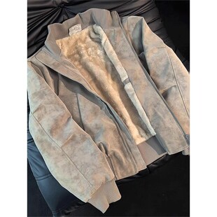 浅灰色美式扎染PU皮衣夹克棉服男秋冬加绒加厚棉衣立领机车服外套