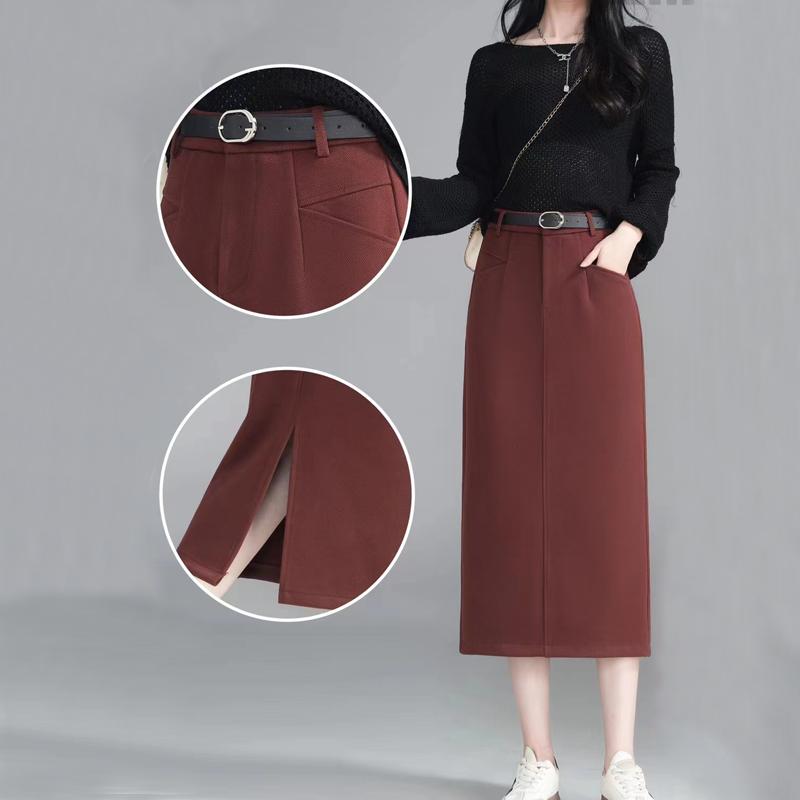 加厚毛呢裙半身裙女2024年秋冬新款高腰显瘦开叉铅笔裙中长款裙子
