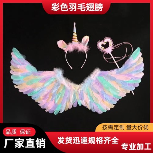 圣诞节天使彩色羽毛翅膀马卡龙儿童成人表演道具精灵仙子装扮走秀