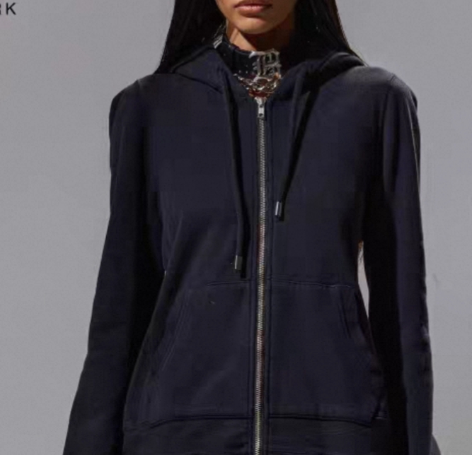 瑕疵清大牌复古纯色休闲泡泡袖修身连帽拉链卫衣开衫黑色胸围96