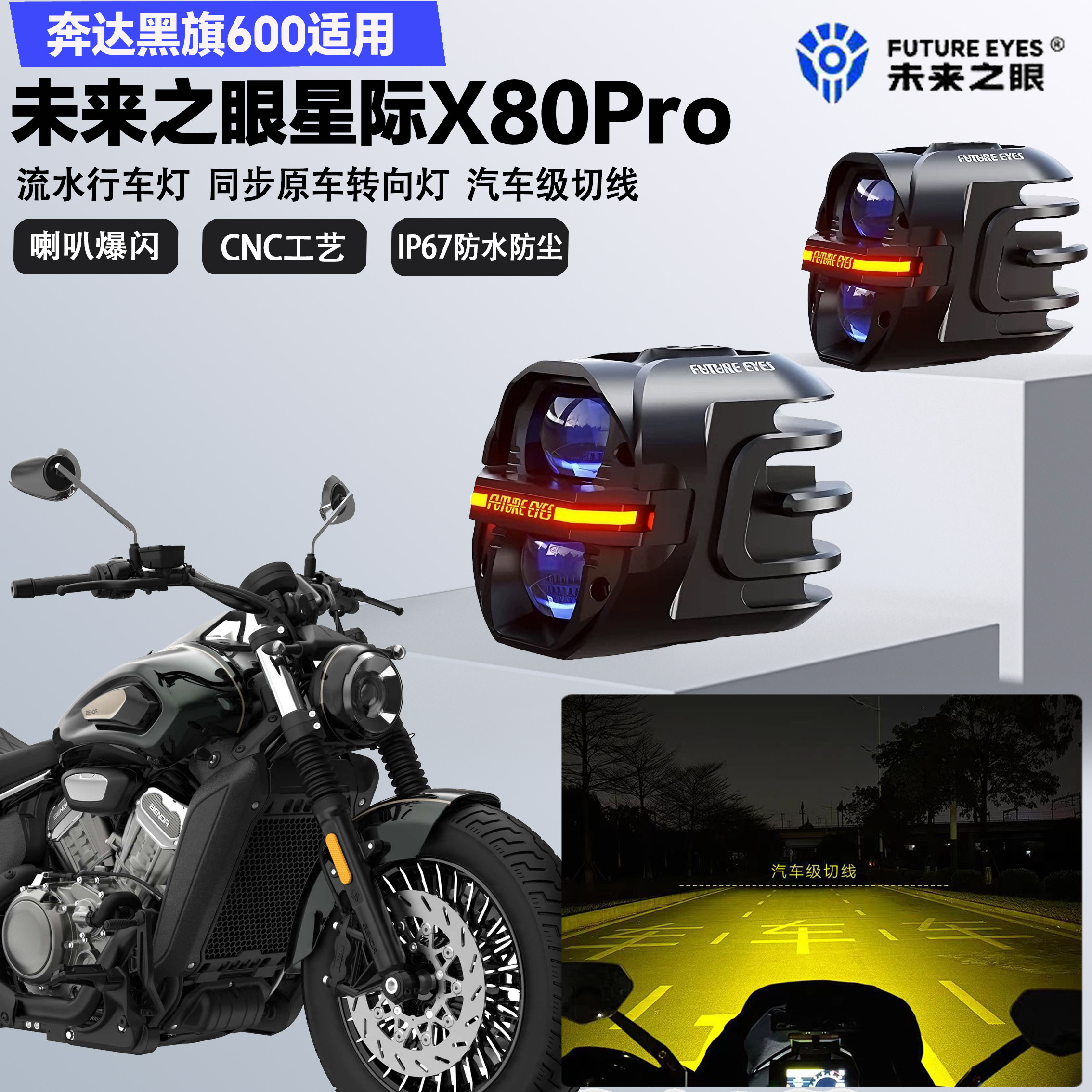 未来之眼星际X80pro适配奔达黑旗600远近光切线爆闪超亮LED射灯图片