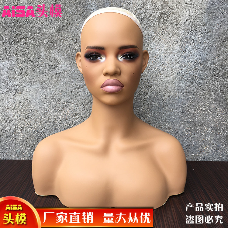 新款欧美双肩女头模深肤色半身模特头拍照展示假发帽子饰品模型头