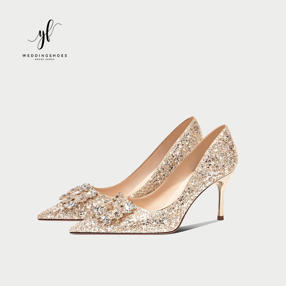 婚鞋秀禾婚纱两穿水晶鞋新娘鞋女香槟色不累脚绝美2024新款高跟鞋