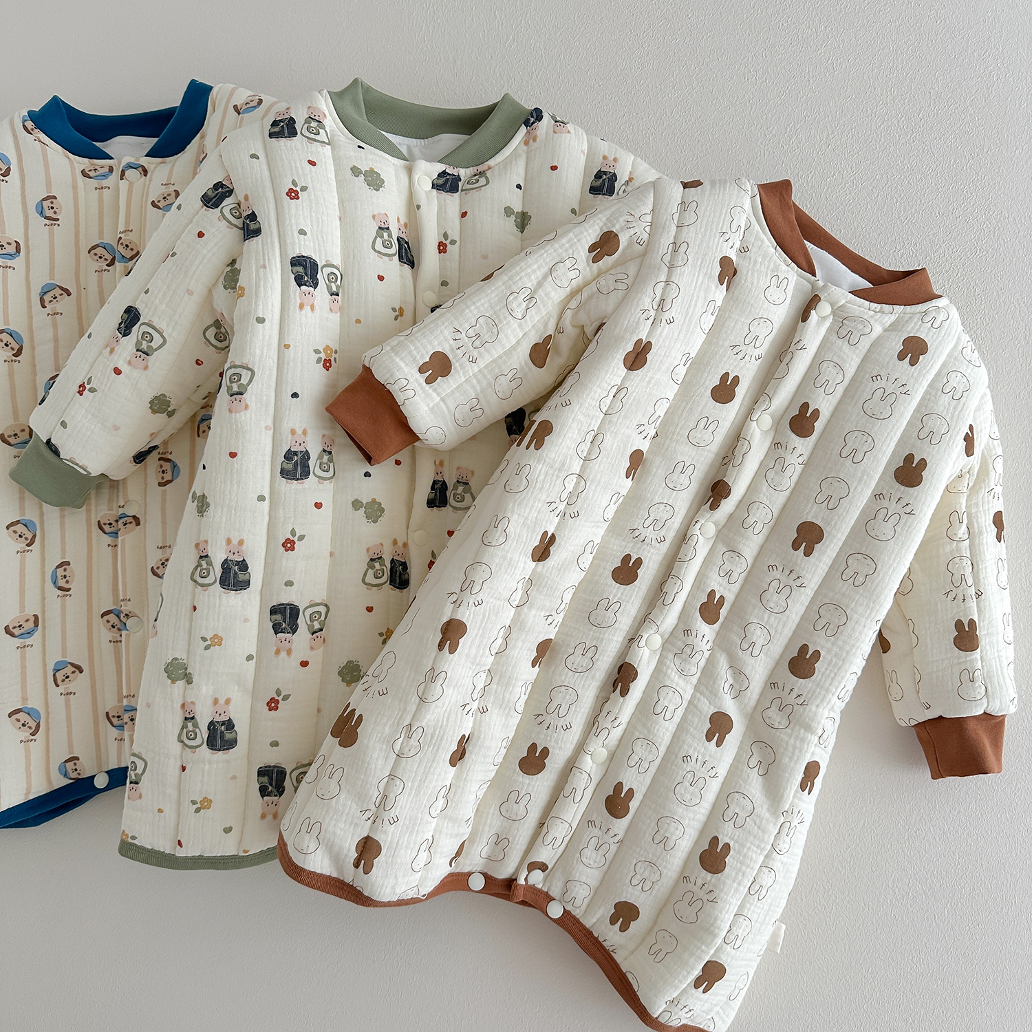 婴儿纱布三层夹棉家居服连体衣厚