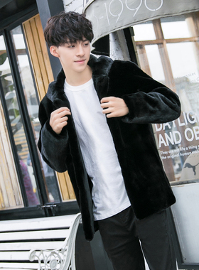 貂皮男哥蔓宝嘉美金牌黑貂连帽中长款黑色短毛针男士外套