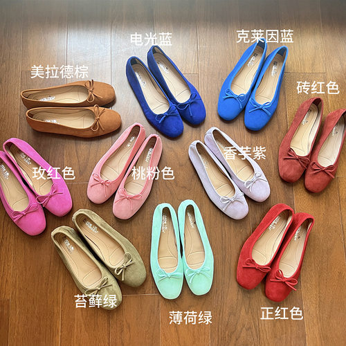 2025新款糖果色芭蕾鞋羊猄皮一脚蹬蝴蝶结平底单鞋女真皮休闲女鞋