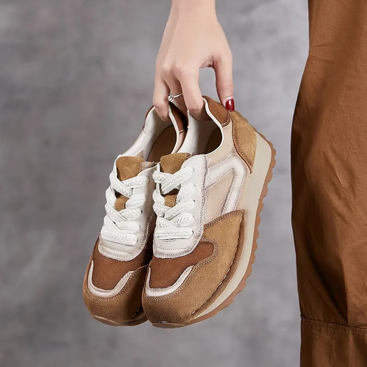 鞋掌柜2025新款女鞋真皮厚底德训鞋 圆头系带头层牛皮时尚阿甘鞋