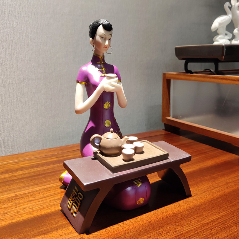 中式人物书架仕女工艺品家居办公室博古架装饰品禅意品茶女小摆件