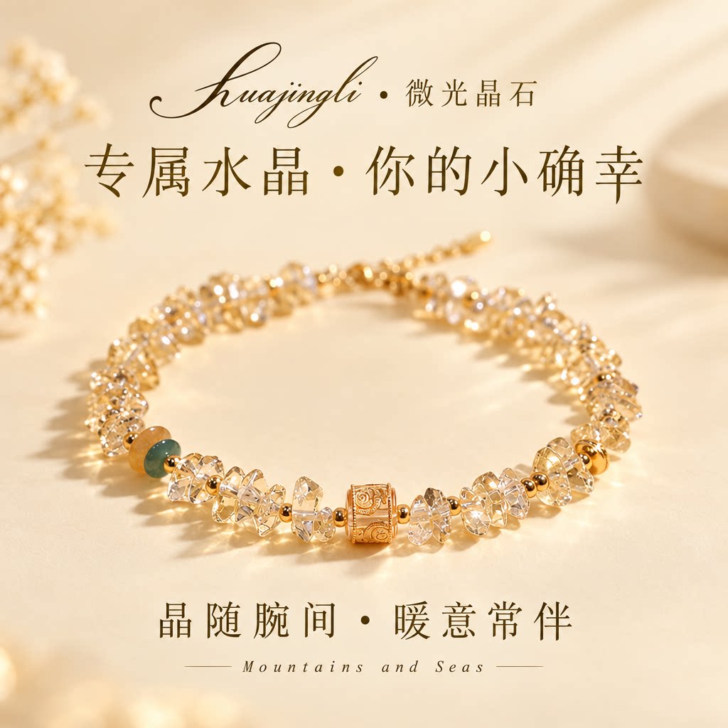 黄水晶碎石白晶桶珠手链女 S925 银镀金复古 ins 风小众叠戴气质