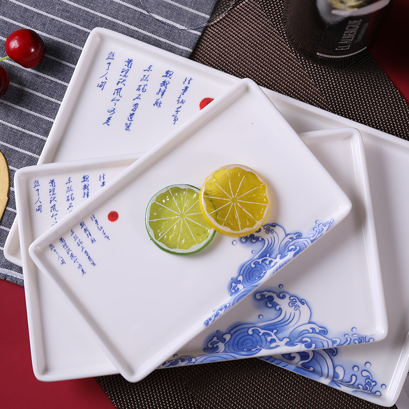 New Chinese style melamine blue and white printing rectangular plate cake plate