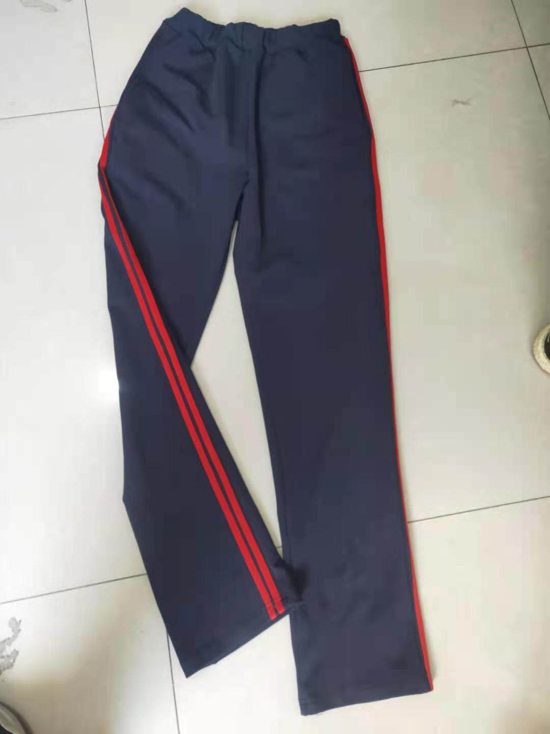 订做中小学生四季纯棉校服裤子藏蓝色加两条大红杠直筒休闲裤
