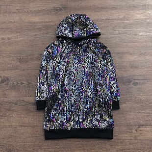 出口英国秋冬新款女童装厚款连帽外套外贸原单中长款时尚亮片卫衣