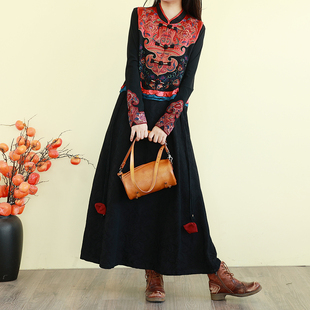 复古民族风背心连衣裙春季长款过膝刺绣棉麻马甲裙新中式盘扣长裙