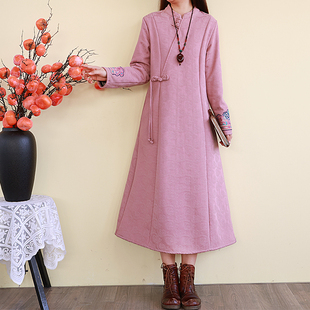 复古民族风棉麻加绒连衣裙冬季 加厚刺绣改良旗袍裙宽松长裙子 长款