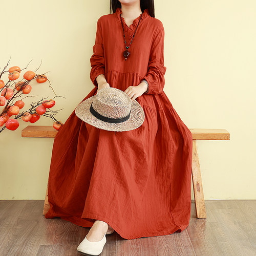 复古文艺棉麻连衣裙秋季长款