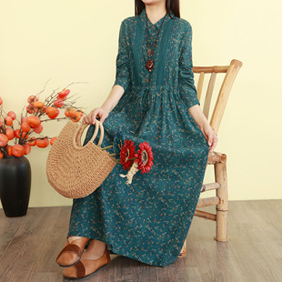 复古文艺棉麻碎花连衣裙女春季长袖收腰显瘦长裙气质宽松森系裙子