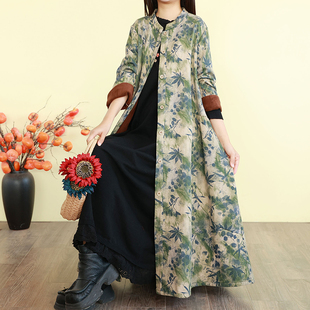 加绒棉衣外套宽松加厚保暖袄子 长款 复古文艺棉麻印花棉服女装 冬季