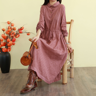 复古文艺提花刺绣棉女士连衣裙春季收腰系带翻领衬衫裙子宽松显瘦