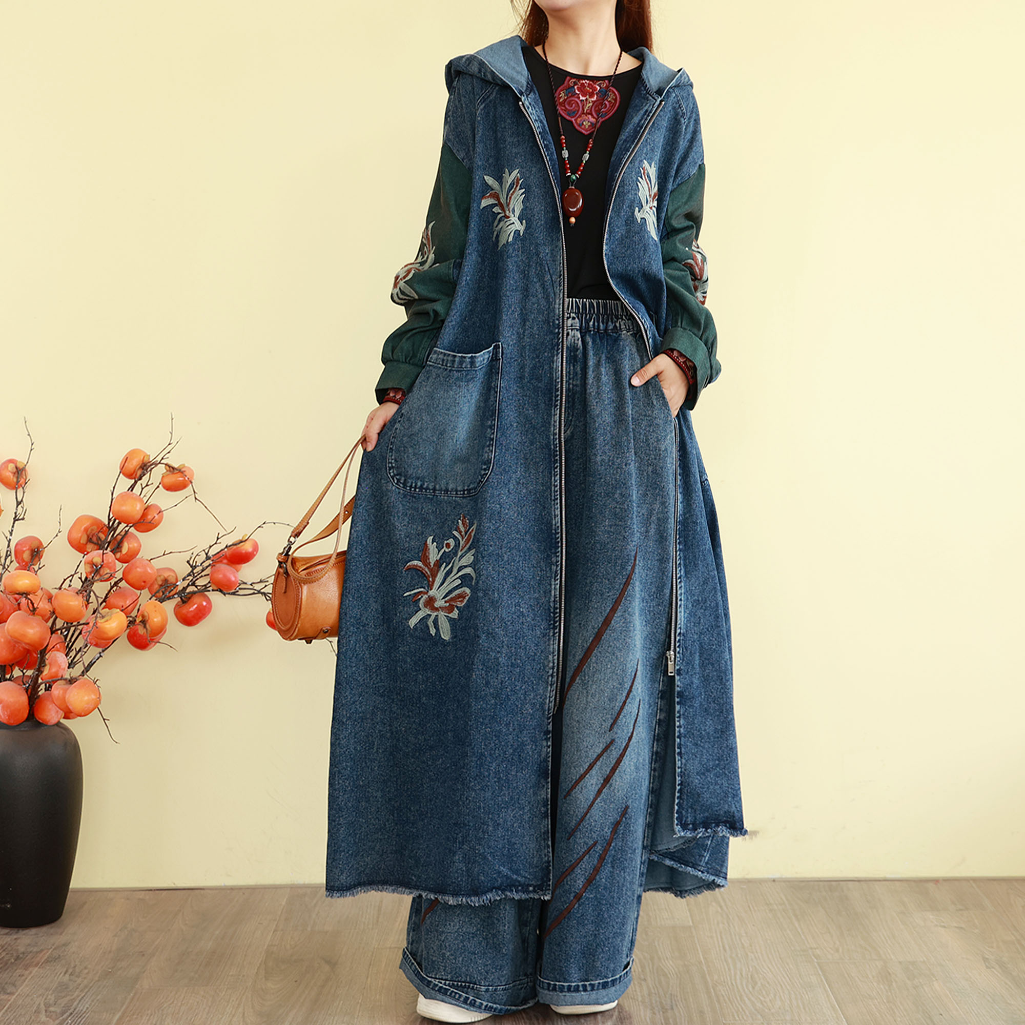 复古牛仔刺绣连帽长袖风衣外套女