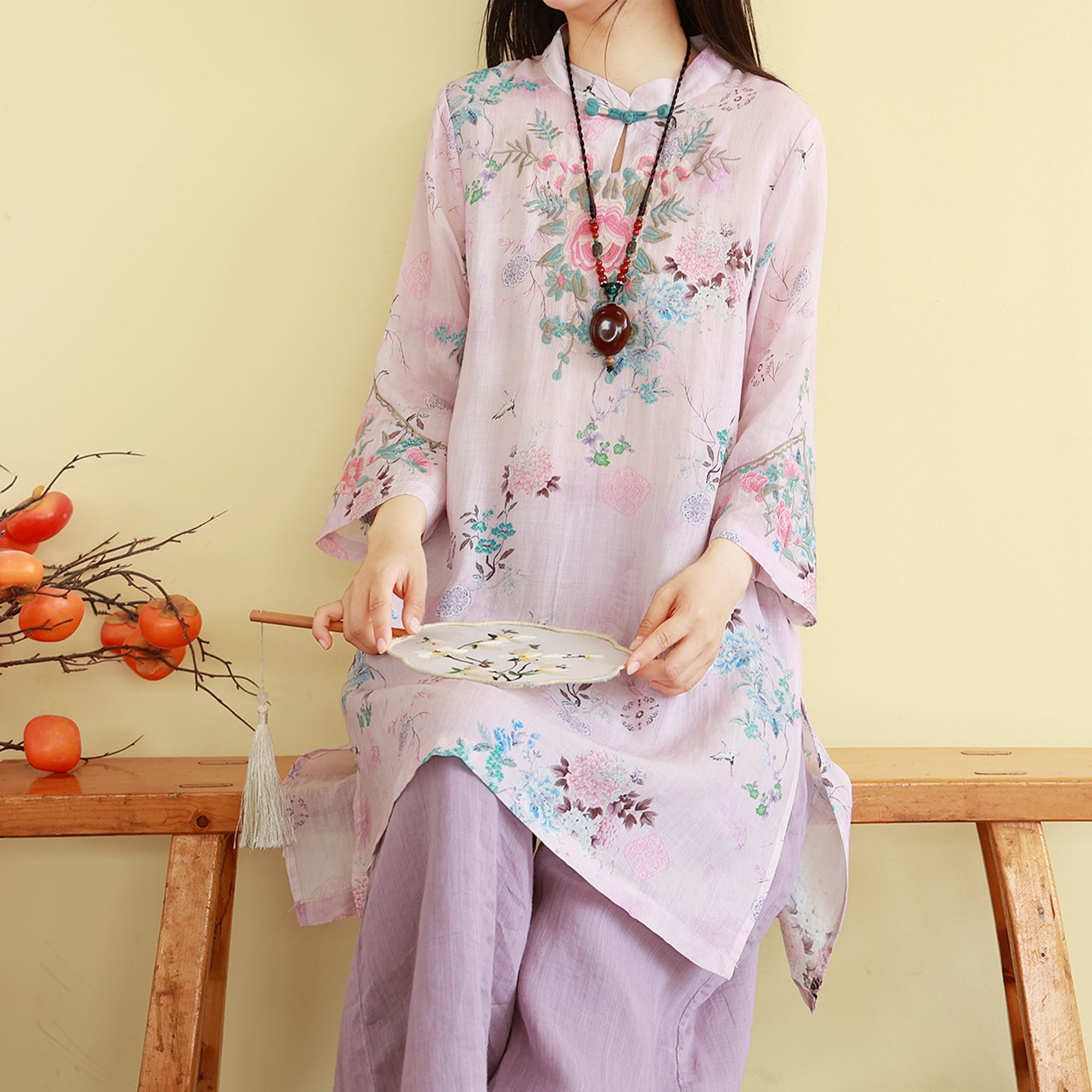 复古新中式苎麻刺绣衬衫女春夏季中长款印花宽松禅意茶服薄款上衣