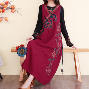 复古民族风刺绣棉麻背心连衣裙春季长款女套头马甲裙宽松版气质裙