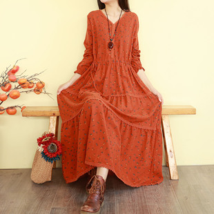 复古文艺碎花连衣裙女春季新款长袖长裙子宽松气质森系蛋糕大摆裙