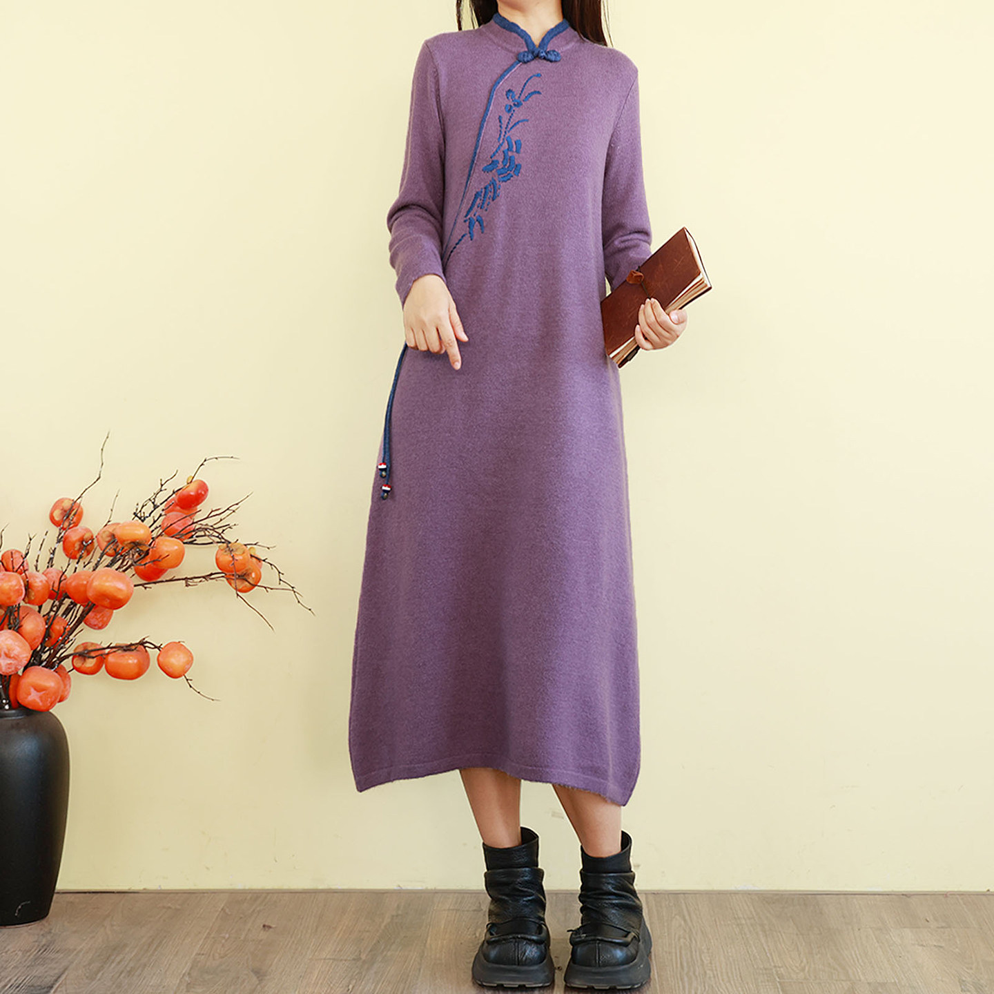 复古国风立领盘扣刺绣毛衣连衣裙女冬季长款优雅气质针织打底裙子