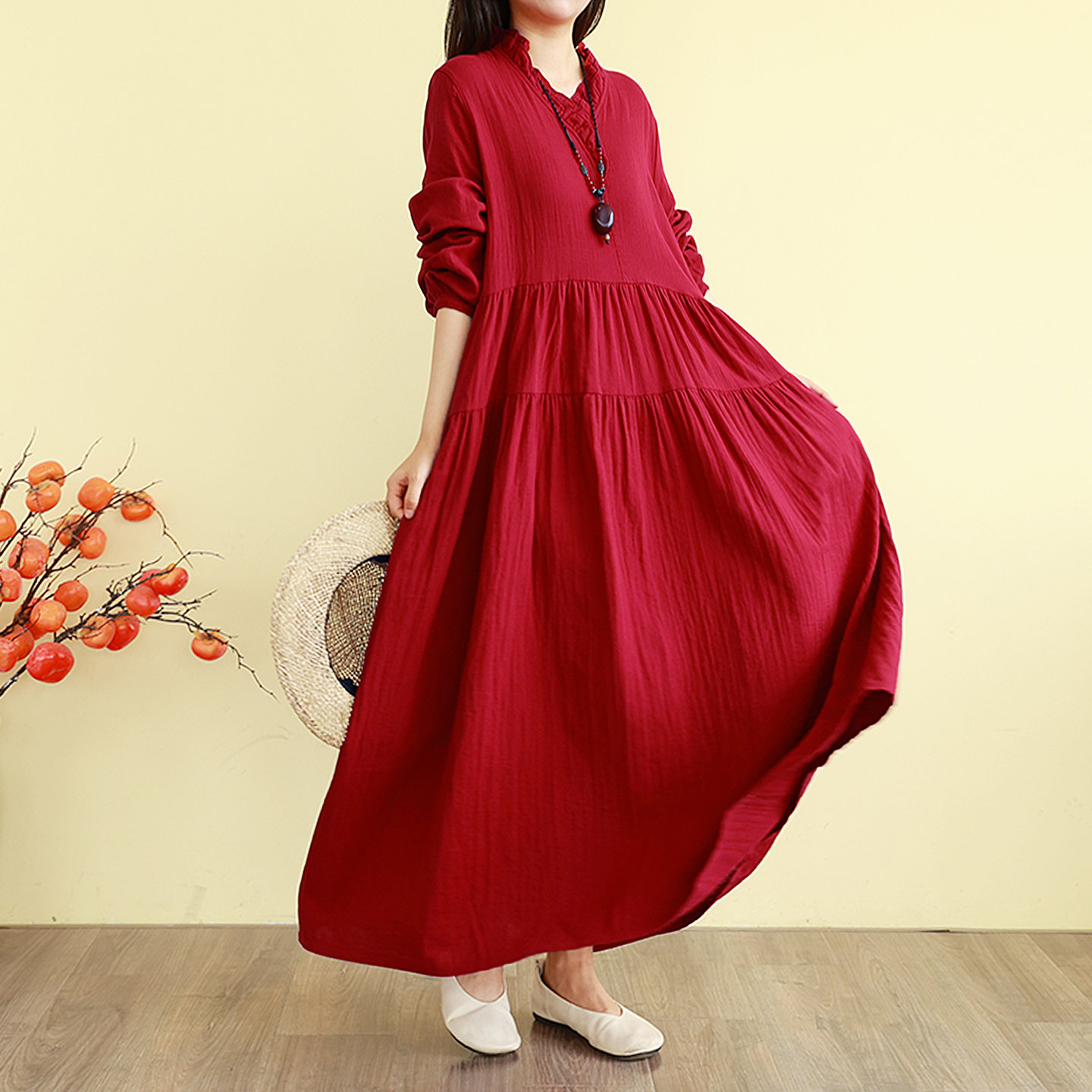 文艺复古棉麻连衣裙秋季森系超长