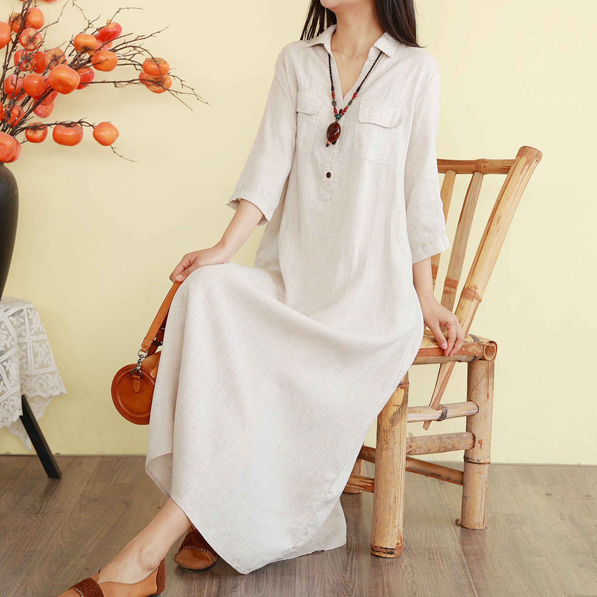 复古文艺亚麻连衣裙女春夏季五分袖翻领宽松麻料长裙子纯色衬衫裙
