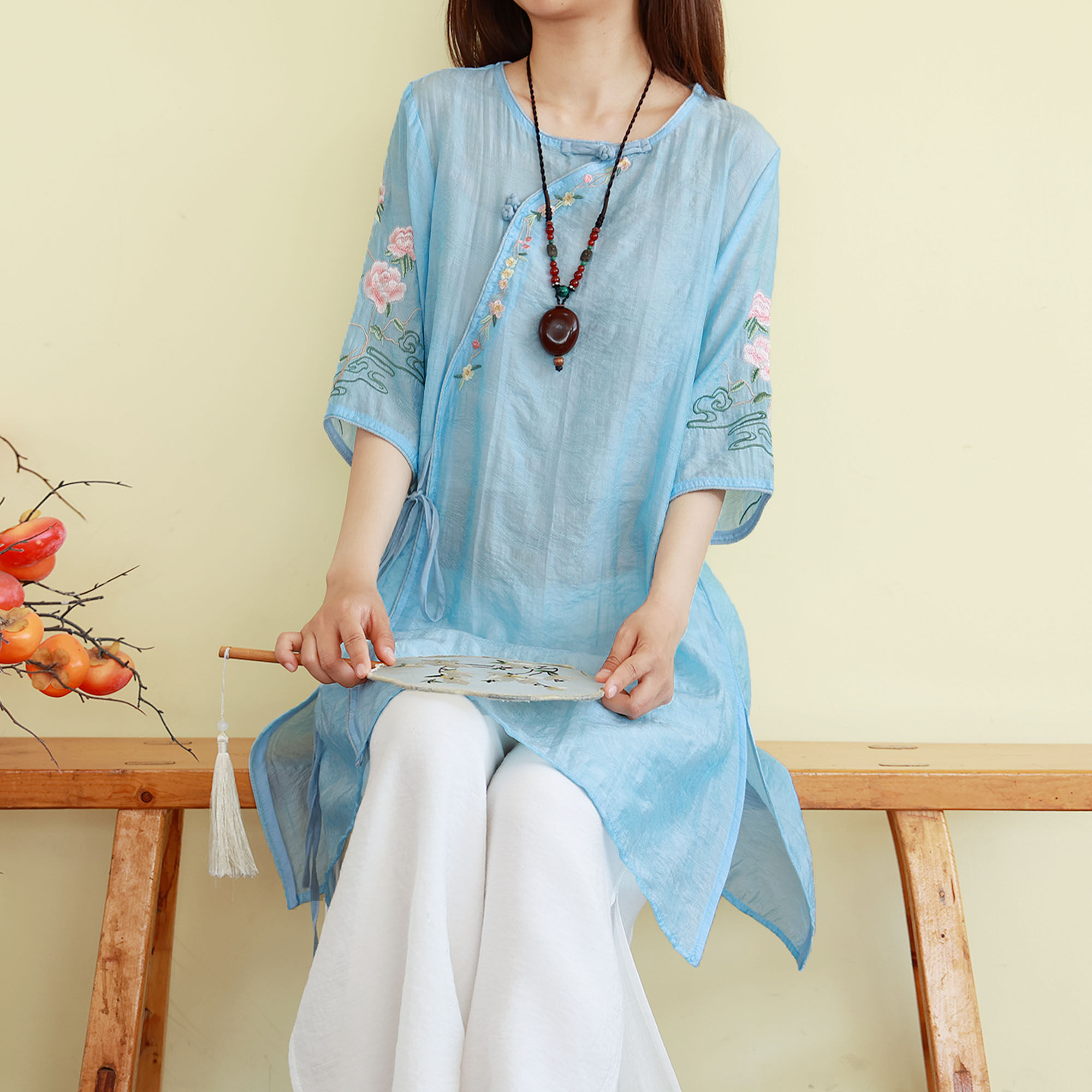 复古新中式刺绣衬衫女夏季薄款中长款圆领五分袖禅意茶服宽松上衣