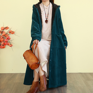 保暖灯芯绒服宽松大衣连帽棉袄 长款 复古加厚加绒棉衣外套女装 冬季