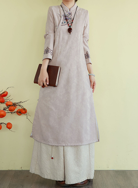 复古民族风棉麻加绒连衣裙冬季长款立领刺绣改良旗袍裙显瘦长裙子
