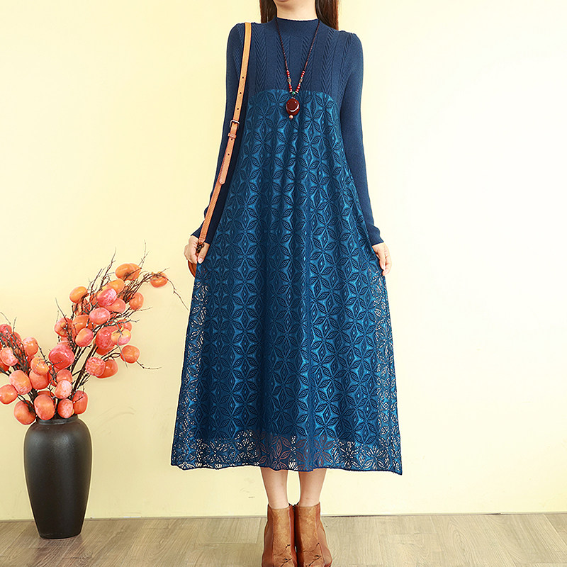 复古文艺毛衣连衣裙秋冬季长款蕾丝气质套头打底长裙子宽松针织裙