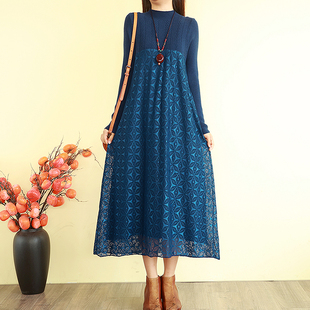 复古文艺毛衣连衣裙秋冬季 蕾丝气质套头打底长裙子宽松针织裙 长款