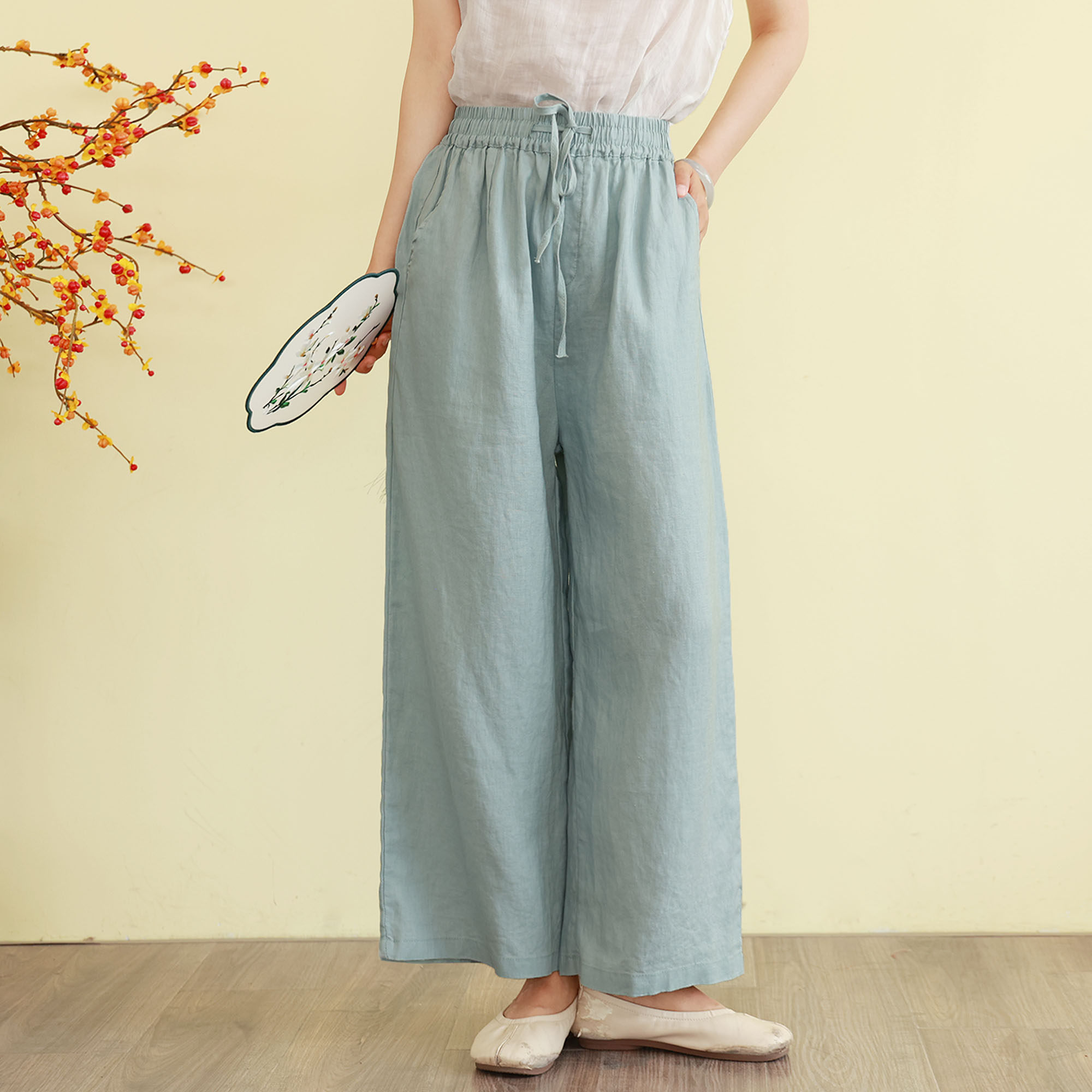 文艺松弛感亚麻纯色阔腿裤女夏季高腰系带宽松百搭休闲裤九分裤子