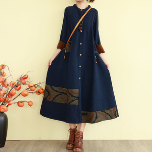 复古文艺连衣裙女秋冬季加绒长袖宽松长款加厚气质过膝衬衫打底裙