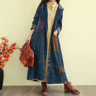 长款 文艺复古拼接大口袋连帽牛仔风衣外套宽松大版 大衣女 新款 秋季