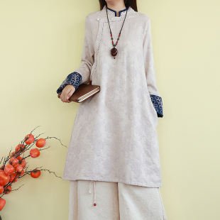 复古民国风亚麻棉提花刺绣衬衫女秋季中长款立领上衣长袖宽松茶服