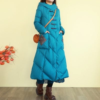 复古中式国风连帽拉链长款羽绒服女冬季新款宽松贴布盘扣保暖外套