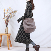 复古文艺高领针织连衣裙条纹中长款毛衣裙过膝打底裙子宽松秋冬款