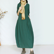复古文艺棉麻连衣裙秋冬季加长款条纹气质长裙子亚麻裙宽松森女系
